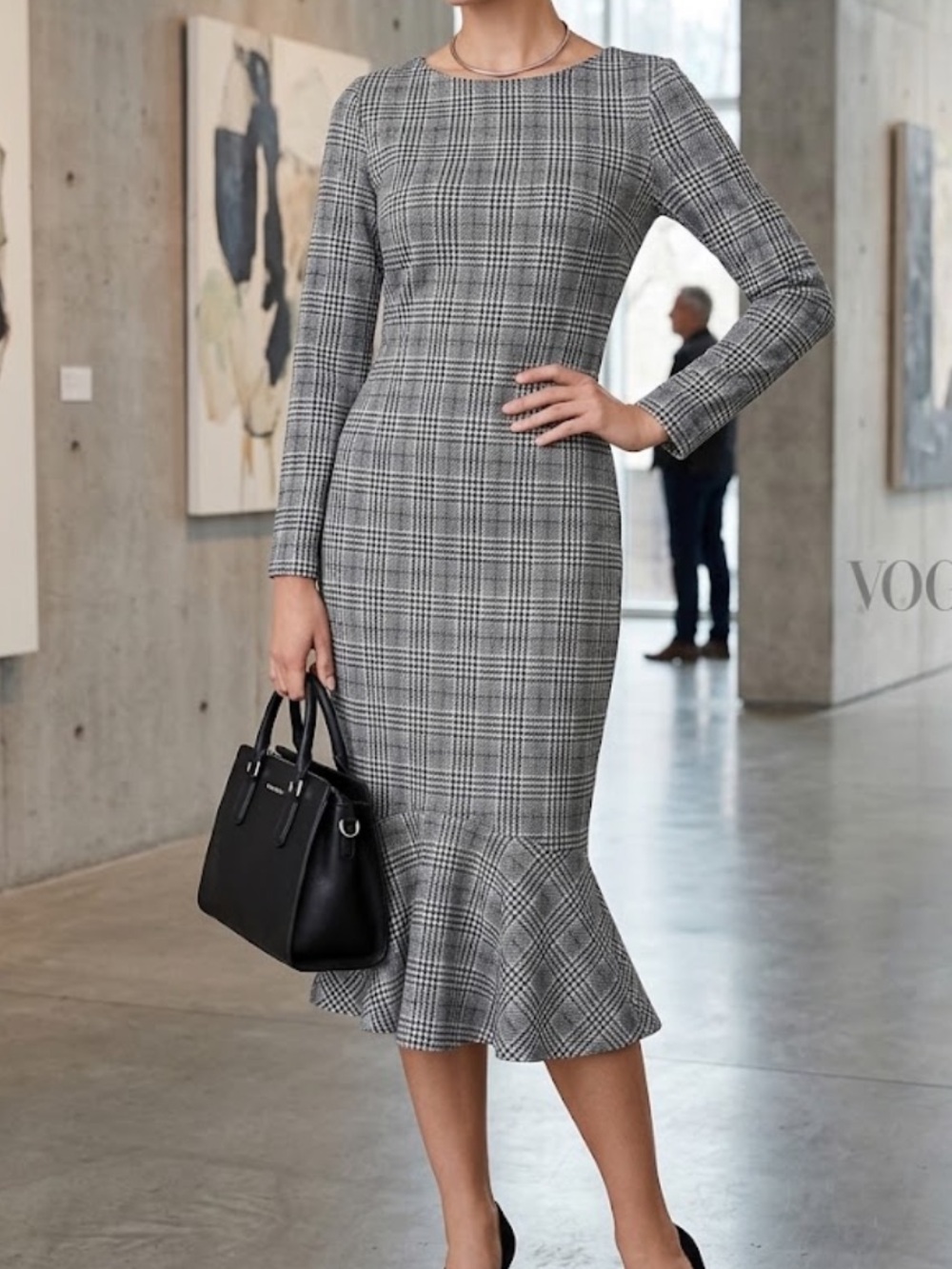 VFSHOW stretch long sleeve black white plaid mermaid dress